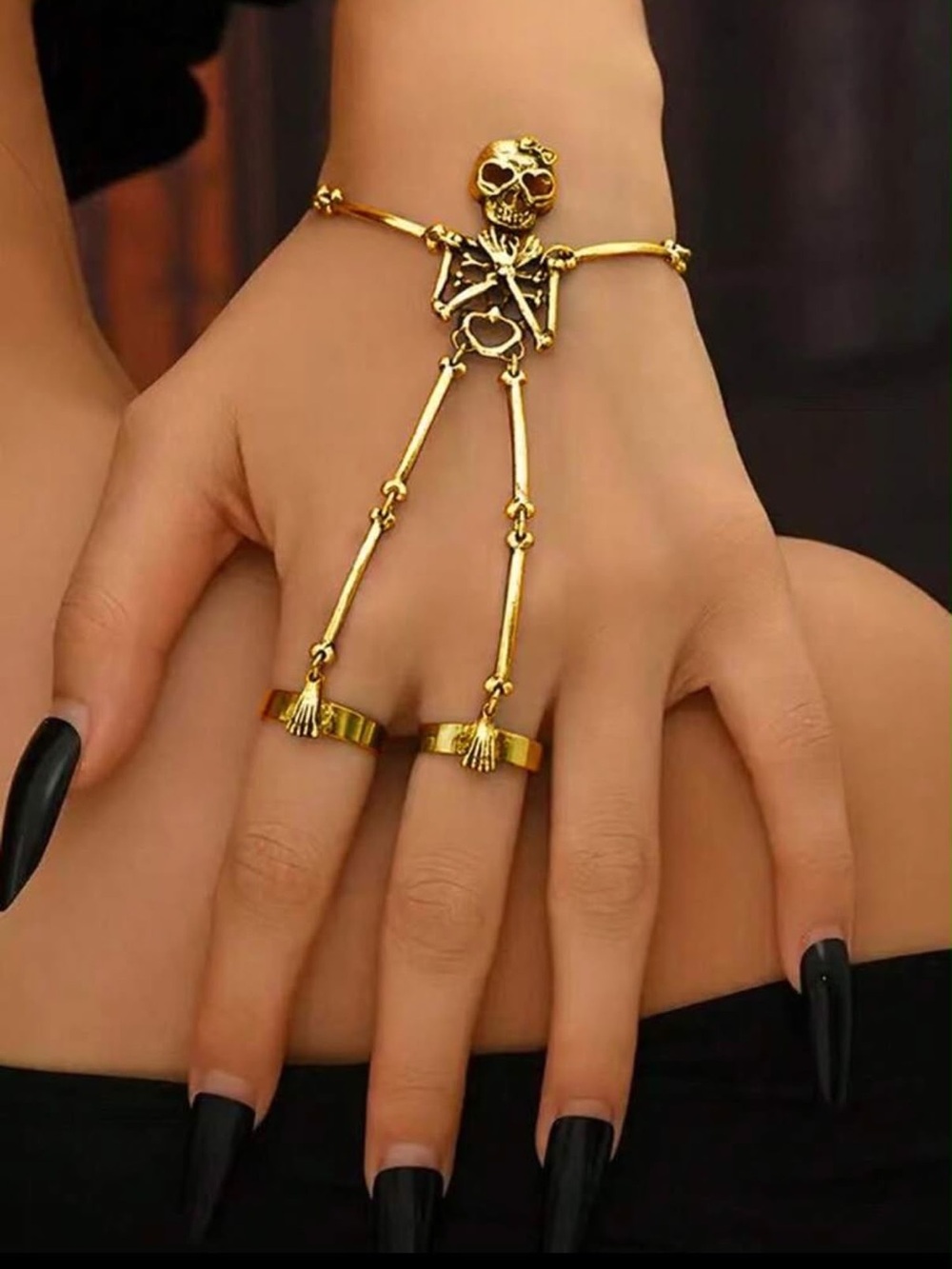 Gold tone Skeleton Hand Chain Bracelet Ring Set Gothic Halloween Jewelry